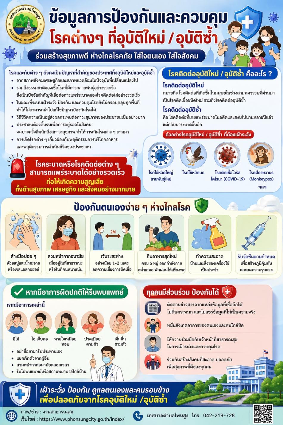 การป้องกันและควบคุมโรคต่างๆ รวมถึงการเตรียมความพร้อมการรับมือโรคติดต่อโรคอุบัติใหม่ให้แก่ประชาชน